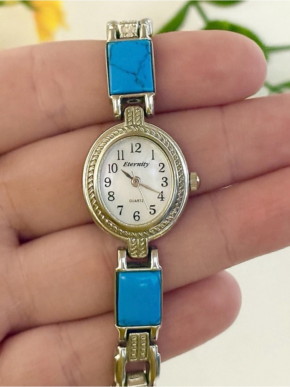Vintage Oval Pearl Dial Turquoise Stone Watch WORKS! Eternity Navajo Bracelet